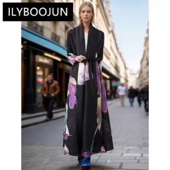 ILYBOOJUN элегантные длинные пальто со шнуровкой с цветным принтом для женщин Свободная куртка с отворотом и длинным рукавом женская одежда Новинка