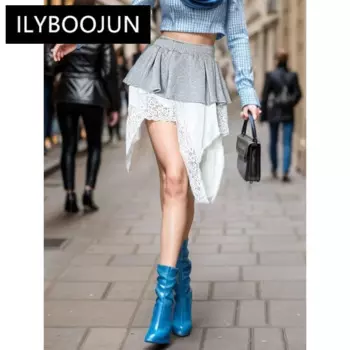 ILYBOOJUN юбки на шнуровке с цветными блоками для женщин, лоскутная юбка с высокой талией и складками, нерегулярная юбка Drsigner, женская мода, новинка