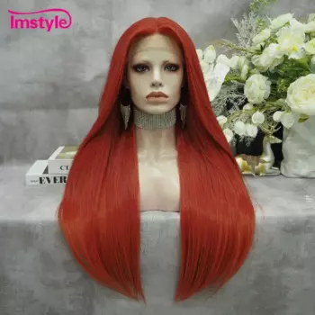 Имбирный красный парик Imstyle, прямой синтетический парик на сетке спереди, парик T-Part, Термостойкое волокно, естественная кожа, для женщин, 24 дюйма