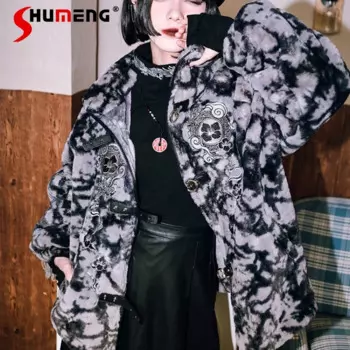 Куртка из искусственного кроличьего меха, женская осенне-зимняя куртка в темном китайском стиле с вышитым воротником-стойкой, утолщенное пальто из искусственного меха