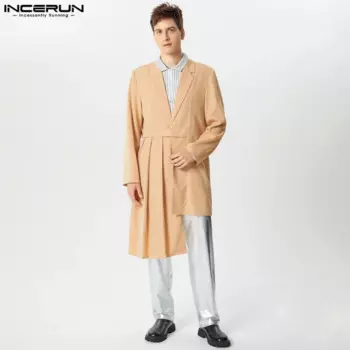 INCERUN 2024, мужские повседневные топы с длинными рукавами, элегантный пиджак с оборками, однотонные пальто, хорошо облегающие мужские костюмы в винтажном стиле