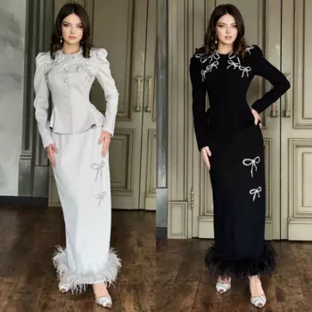 Индивидуальное джерси с бисером и бантом из перьев для выпускного вечера, трапециевидное платье с круглым вырезом на заказ, платье миди