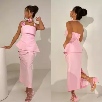 Индивидуальное джерси с цветочными рюшами для помолвки, трапециевидное платье с лямкой на шее, платье миди на заказ