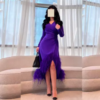 Индивидуальное джерси с перьями и рюшами для выпускного вечера, трапециевидное платье с v-образным вырезом, платье миди на заказ