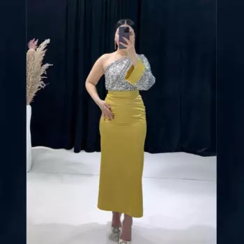 Индивидуальное платье миди со складками из джерси и блестками Quinceanera, трапециевидное платье на одно плечо, платье миди на заказ