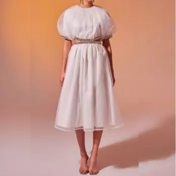 Индивидуальное плиссированное платье из органзы с блестками для коктейльной вечеринки, трапециевидное платье с круглым вырезом, платье миди на заказ