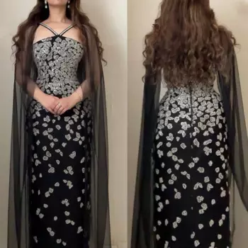 Индивидуальные Mesprit Изысканные простые вечерние платья трапециевидной формы с лямкой на шее и блестками S Болеро длиной до щиколотки Тюлевое платье на заказ