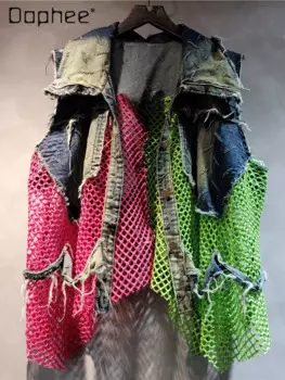 Индивидуальный модный брендовый джинсовый жилет с сеточкой и обработанными краями