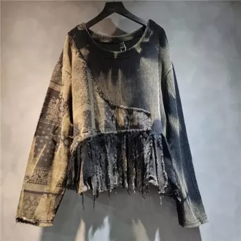 Индивидуальный ретро старый джинсовый подол с принтом тай-дай, бахрома, круглый вырез, вязаный свитер с длинными рукавами, женский осенний джемпер 2024, топ