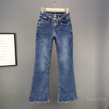 Ins Европейская мода темно-синие расклешенные джинсы женская весенне-осенняя одежда новые хлопковые эластичные узкие брюки с высокой талией