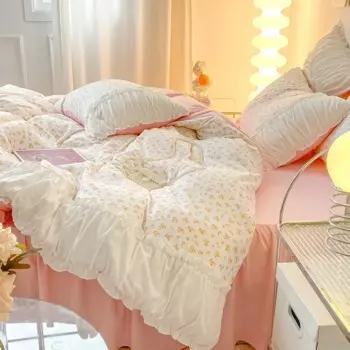 Ins Стиль Розовый комплект постельного белья с цветочным принтом Одиночный двойной размер Пасторальный пододеяльник для девочек без наполнения Простыня Наволочки Симпатичное постельное белье