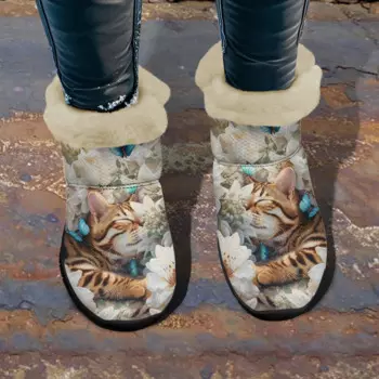 INSTANTARTS Женские зимние ботинки с милым котом и цветком, новая обувь на подкладке, теплая зимняя обувь, нескользящие короткие плюшевые ботинки с круглым носком