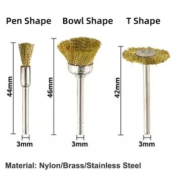 Инструмент для полировки, 10/20 шт., проволочная щетка, латунная проволока, хвостовик 3,0 мм, удаление ржавчины из металла, нержавеющая/нейлон/латунная сталь для вращающегося инструмента Dremel