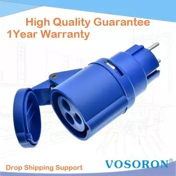 VOSORON Адаптер розетки IEC309 316P6 на Schuko CEE7/3 синего цвета 16А 220-250В