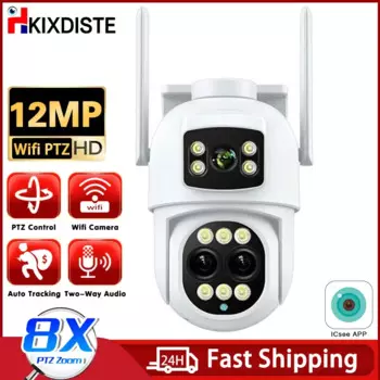 IP-камера 6K 12MP HD Wi-Fi Уличная камера с 8-кратным зумом и тремя объективами, двойной экран, PTZ-камера домашней безопасности, 6-мегапиксельная камера видеонаблюдения iCSee