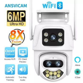 IP-камера ANSVICAM, 9 МП, 4K, двойной экран, Wi-Fi, 8-кратный зум, три объектива, двустороннее аудио, автоматическое отслеживание ии, P2P, камера видеонаблюдения, iCSee App