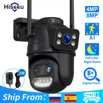 IP-камера Hiseeu с тремя объективами и двойным экраном, 8 Мп, Wi-Fi, PTZ, автоматическое слежение, камера видеонаблюдения с зумом 8X, ICsee
