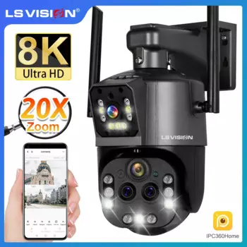 IP-камера LS VISION Ultra 8K Wi-Fi с 20-кратным оптическим зумом, наружная беспроводная 4K с четырьмя объективами, двойной экран, PTZ-камера с автоматическим отслеживанием, камера видеонаблюдения
