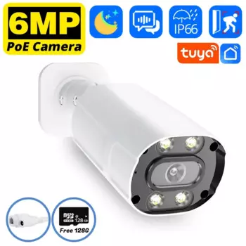 IP-камера наружного видеонаблюдения Tuya 6MP POE, цилиндрическая, H.265, двухстороннее аудио, ночное видение, умная жизнь