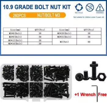 ISO7380 Шестигранная шестигранная головка, кнопка, винт с круглой головкой, комплект гаек M2 M3 M4 M5 M6, черный, класс 10,9, набор болтов из углеродистой стали