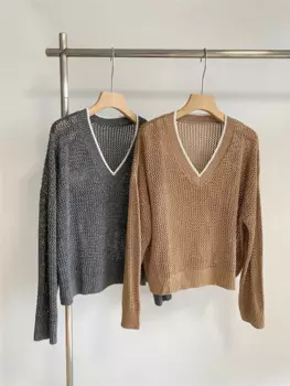 Итальянский винтажный открытый вязаный свитер B * C, женский свободный трикотажный пуловер с V-образным вырезом и длинным рукавом, Топ
