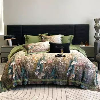 IvaRose HOME TEXTILE Постельный комплект из хлопка 600TC, ромашка, винтажный принт, двойная королева, 4 шт.