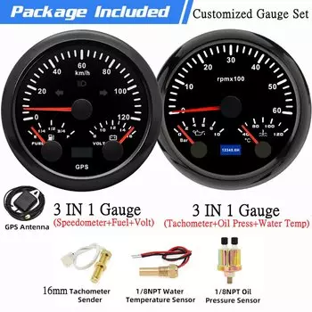 Изготовленный на заказ комплект датчиков 85 мм, 2 датчика с датчиками, датчик 3 в 1, 200 км/ч, 120 км/ч, GPS-спидометр, напряжение топлива, 3000 ~ 8000 об/мин, тахометр, датчик температуры масла