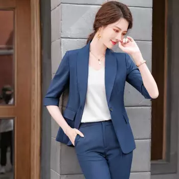 IZICFLY новый летний стиль синий тонкий элегантный Модный высококачественный деловой комплект из 2 предметов Женский блейзер и брюки костюм Офисная Рабочая одежда