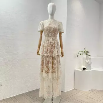 Изящное женское Многослойное платье миди с блестками, бежевое цветочное вышитое многослойное кружевное лоскутное платье с рюшами высокого качества