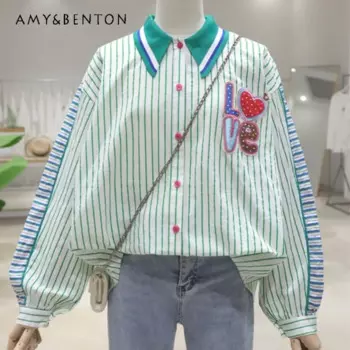 Изысканная блузка-поло с вышивкой и надписью Love, осень 2024, Женская хлопковая рубашка в полоску с длинными рукавами