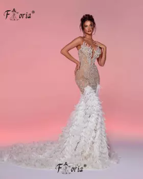 Изысканное белое свадебное платье-Русалка с бусинами из тяжелых перьев