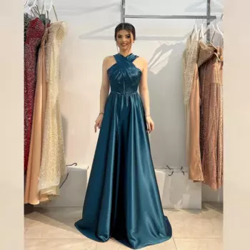 Изысканное блестящее высококачественное атласное платье с бисером и рюшами, Пляжное ТРАПЕЦИЕВИДНОЕ ПЛАТЬЕ С Лямкой на шее, длинные платья на заказ