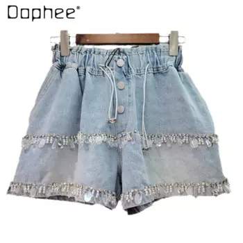 Изысканные джинсовые шорты с блестками и завышенной талией на шнуровке, Новинка лета 2024, женские широкие шорты с эластичным поясом, джинсовые шорты