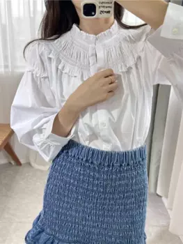 Изысканный и ретро, уменьшающий возраст! Женская рубашка с кружевным воротником S Home ~ 24, Весенняя белая рубашка с длинным рукавом