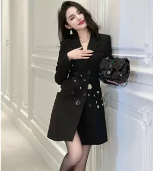 Изысканный Роскошный черный костюм пальто для женщин с французскими бриллиантами блестками цветами офисная профессиональная деловая куртка женская верхняя одежда