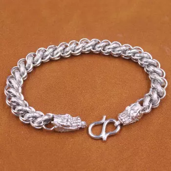 Изысканный серебряный браслет S999 для мужчин и женщин, браслет на удачу, голова дракона, цепочка в тайском стиле, 9 мм, серебряный браслет, ювелирные изделия