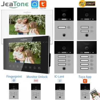 Jeatone Распознавание отпечатков пальцев 4 в 1 разблокированный дверной звонок Wi-Fi видеодомофон 7 дюймов 1080P монитор Комплект для дома RFID домофон Tuya Smart