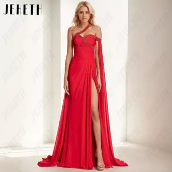 JEHETH Sexy Красный вечернее платье 2024 Элегантная Снежная Линия А Платье для официальных случаев на высоком раскрутке платье soires femmes с одним плечом цветов Знаменитость на заказ Красное вечернее платье роскошно