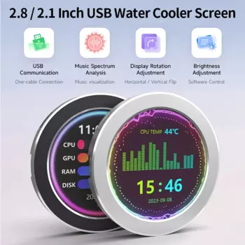 Экран водяного охладителя 2,1/2,8 дюйма с USB-портом, 480x480, вторичный экран с функцией анализа спектра музыки, мониторинг ЦП ОЗУ, графического процессора