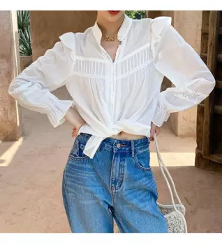 Элегантная французская шикарная рубашка Gypsylady, кружевная весенне-летняя 100% хлопковая прозрачная многоярусная белая женская блузка с длинным рукавом, Топ