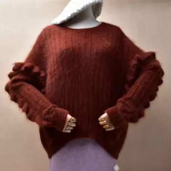 Элегантная модная женская осенне-зимняя одежда, волосатый ангорский кролик, вязаный свободный пуловер в полоску с круглым вырезом, джемпер, свитер