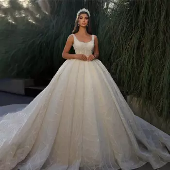 Элегантная Свадебная юбка Pompadour на бретелях-спагетти с квадратным вырезом 2023 винтажное Кружевное Свадебное бежевое Тюлевое платье без рукавов с блестками