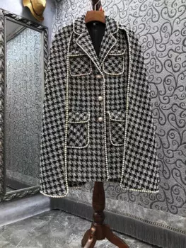 Элегантная Женская шерстяная накидка из твида с жемчужинами, высококачественное зимнее повседневное длинное пальто с отложным воротником, женский шерстяной кардиган