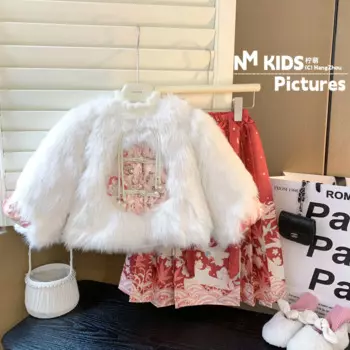 Элегантная зимняя детская шуба из искусственного меха, плотная теплая куртка + Цветочная юбка, костюмы из 2 предметов, хлопковая куртка для девочек, новогодняя верхняя одежда