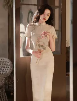 Элегантное бежевое жаккардовое платье-Ципао Yourqipao, весна-лето 2023, новые китайские традиционные улучшенные вечерние платья с коротким рукавом