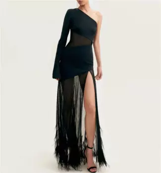 Элегантное Черное Платье для торжественных случаев, простое вечернее платье с рукавом на одно плечо, женское платье до щиколотки, оригинальное кружевное платье с юбкой сзади