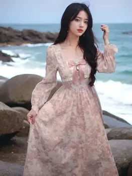 Элегантное Длинное розовое платье миди с цветочным принтом