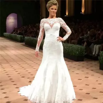 Элегантное кружевное свадебное платье с длинным рукавом и шлейфом