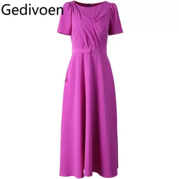 Элегантное летнее офисное платье Gedivoen для работы, Женские Романтические простые фиолетовые платья с коротким рукавом и высокой талией