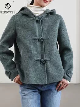 Элегантное пальто BirdTree из смешанного шелка тутового шелкопряда, Женская куртка с капюшоном на пуговицах, модная винтажная офисная куртка, осенняя верхняя одежда C48839QM